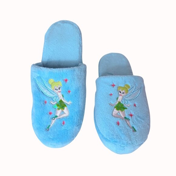 Disney Shoes - Disney Tinker Bell Slippers Blue Plush Womens Size L Cozy Fleece Indoor Footwear